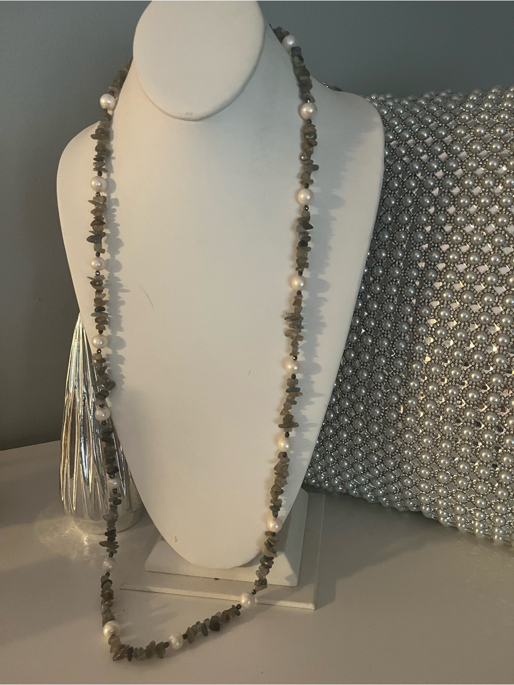 Natural Stone Labradorite and Freshwater Pearl Long Necklace